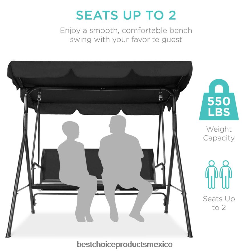 vida al aire libre | Banco planeador oscilante con dosel para exteriores de 2 plazas con tela textilene y estructura de acero Best Choice Products negro X080FZ1358