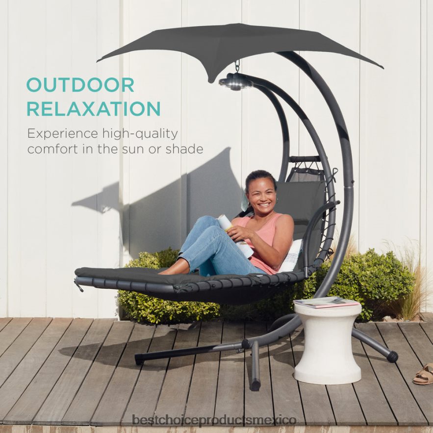 vida al aire libre | Chaise lounge curvada colgante con almohada incorporada, dosel extraíble Best Choice Products gris carbón X080FZ820