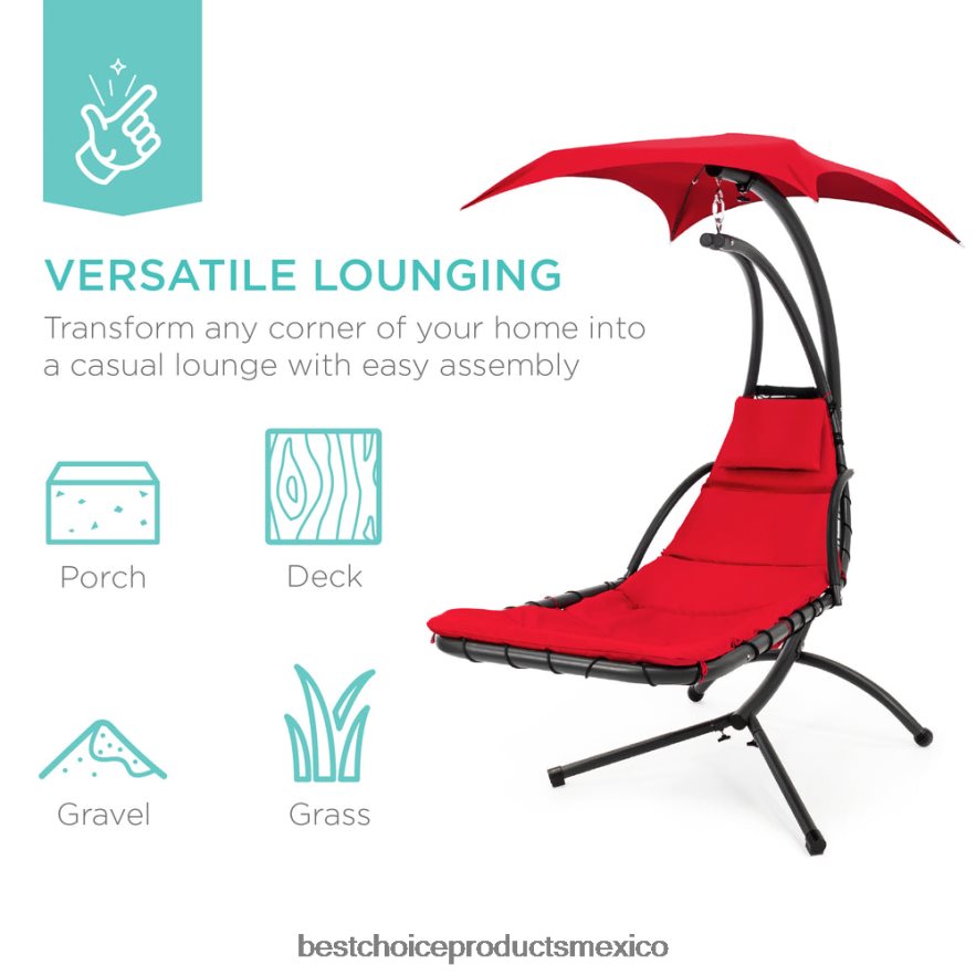 vida al aire libre | Chaise lounge curvada colgante con almohada incorporada, dosel extraíble Best Choice Products rojo X080FZ821