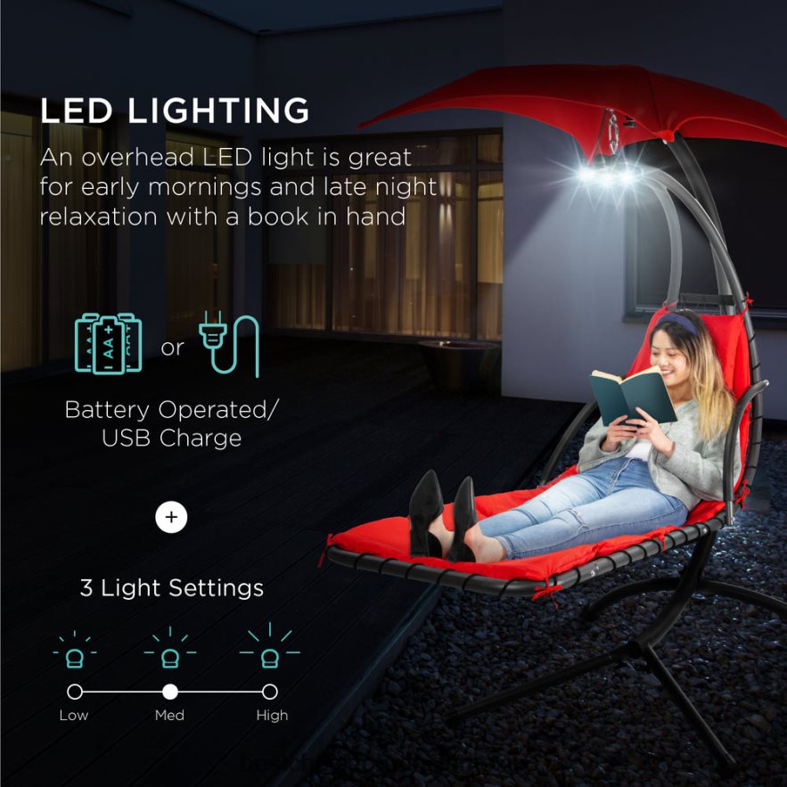vida al aire libre | Chaise lounge curvada con iluminación LED colgante con almohada, dosel y soporte Best Choice Products rojo X080FZ1411