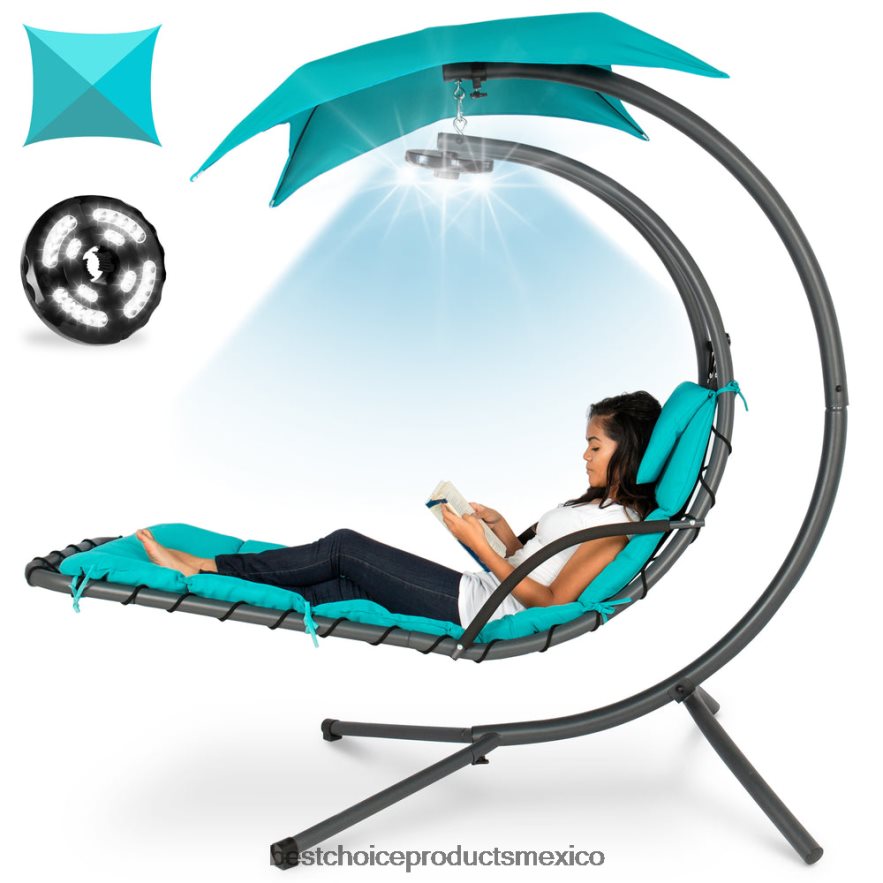 vida al aire libre | Chaise lounge curvada con iluminación LED colgante con almohada, dosel y soporte Best Choice Products verde azulado X080FZ1410