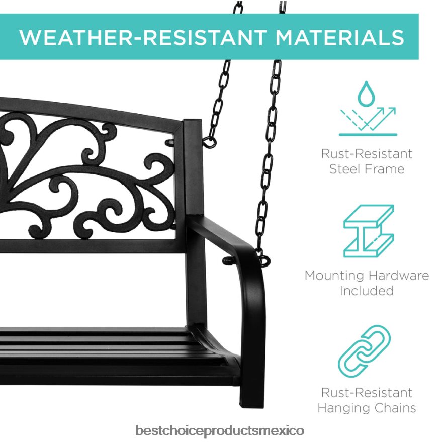 vida al aire libre | Columpio de metal para porche exterior para 2 personas con detalles florales, capacidad de peso de 485 lb Best Choice Products negro X080FZ910