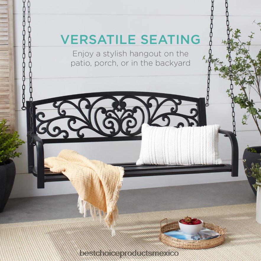 vida al aire libre | Columpio de metal para porche exterior para 2 personas con detalles florales, capacidad de peso de 485 lb Best Choice Products negro X080FZ910