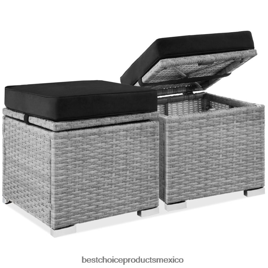 vida al aire libre | Juego de 2 otomanas de mimbre, multiusos con cojines desenfundables, estructura de acero. Best Choice Products gris negro X080FZ896