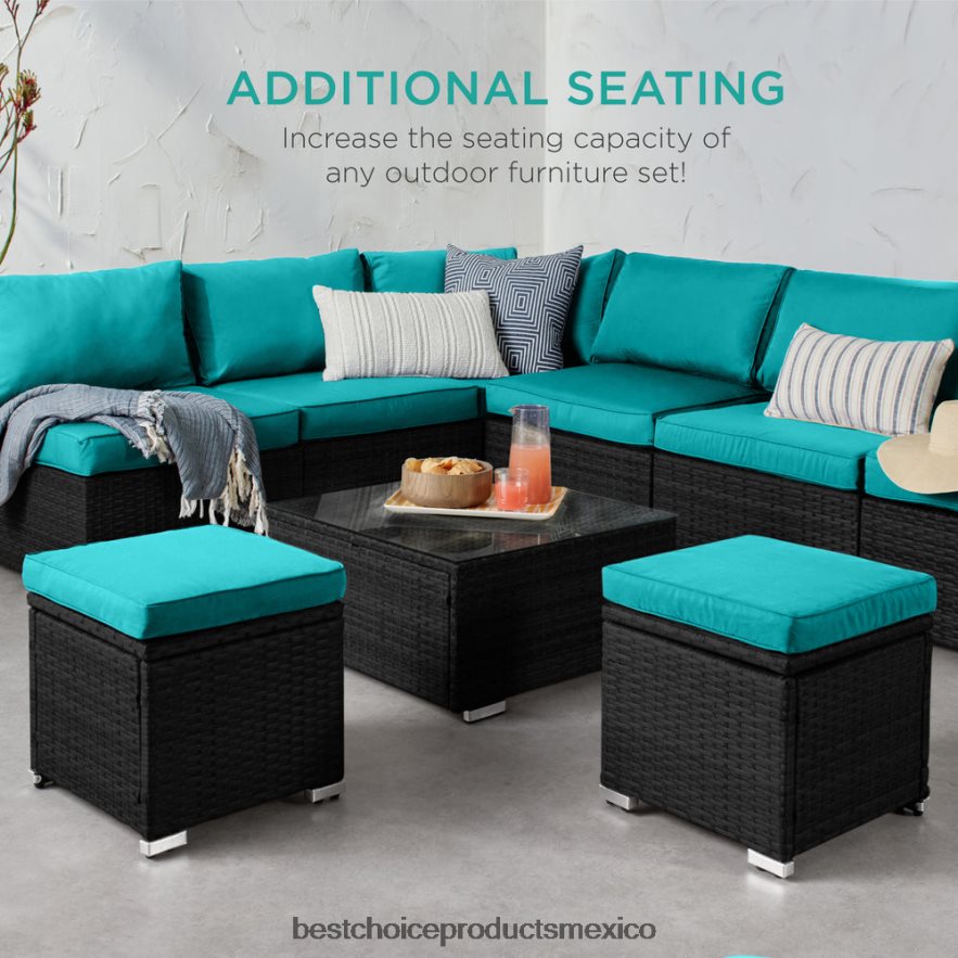 vida al aire libre | Juego de 2 otomanas de mimbre, multiusos con cojines desenfundables, estructura de acero. Best Choice Products negro/verde azulado X080FZ897