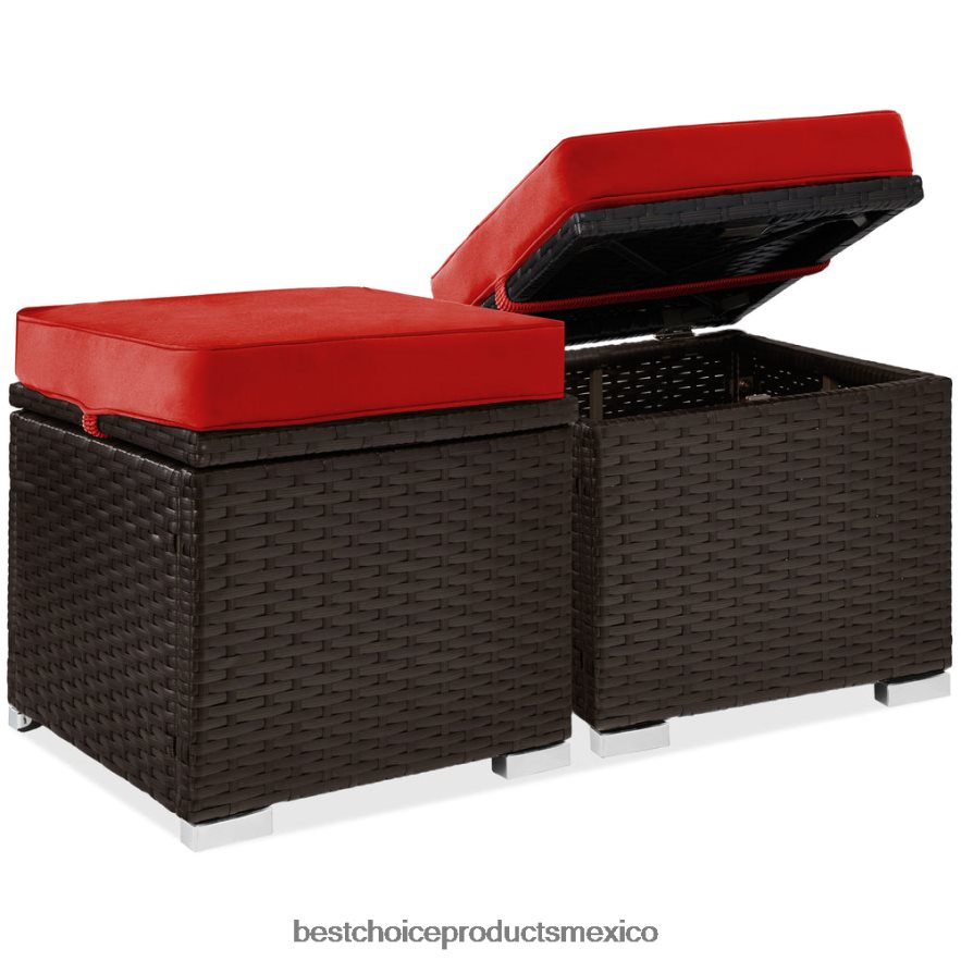 vida al aire libre | Juego de 2 otomanas de mimbre, multiusos con cojines desenfundables, estructura de acero. Best Choice Products rojo marrón X080FZ895