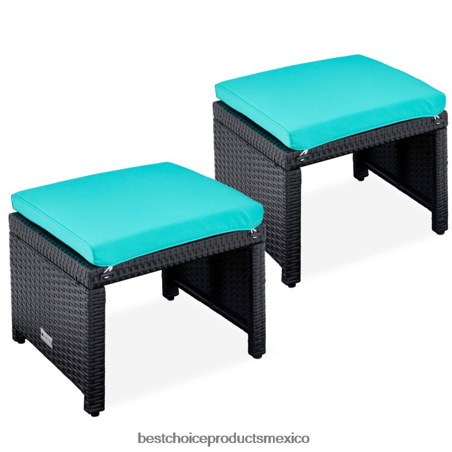 vida al aire libre | Juego de 2 otomanas multiusos de mimbre con cojines desenfundables, estructura de acero. Best Choice Products negro/verde azulado X080FZ920