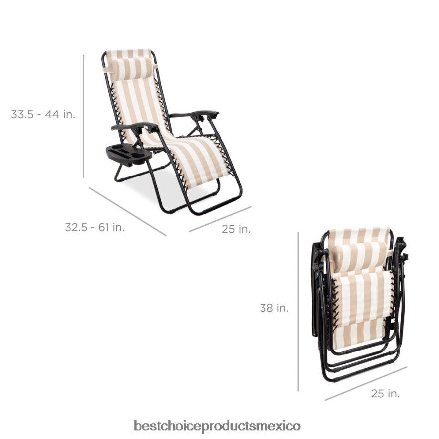 vida al aire libre | Juego de 2 sillones reclinables ajustables de gravedad cero para patio con portavasos Best Choice Products bronceado a rayas X080FZ807