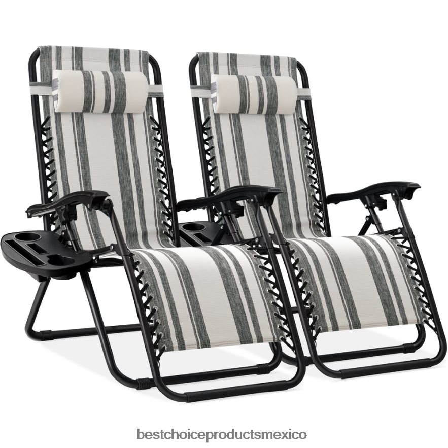 vida al aire libre | Juego de 2 sillones reclinables ajustables de gravedad cero para patio con portavasos Best Choice Products rayas grises X080FZ814