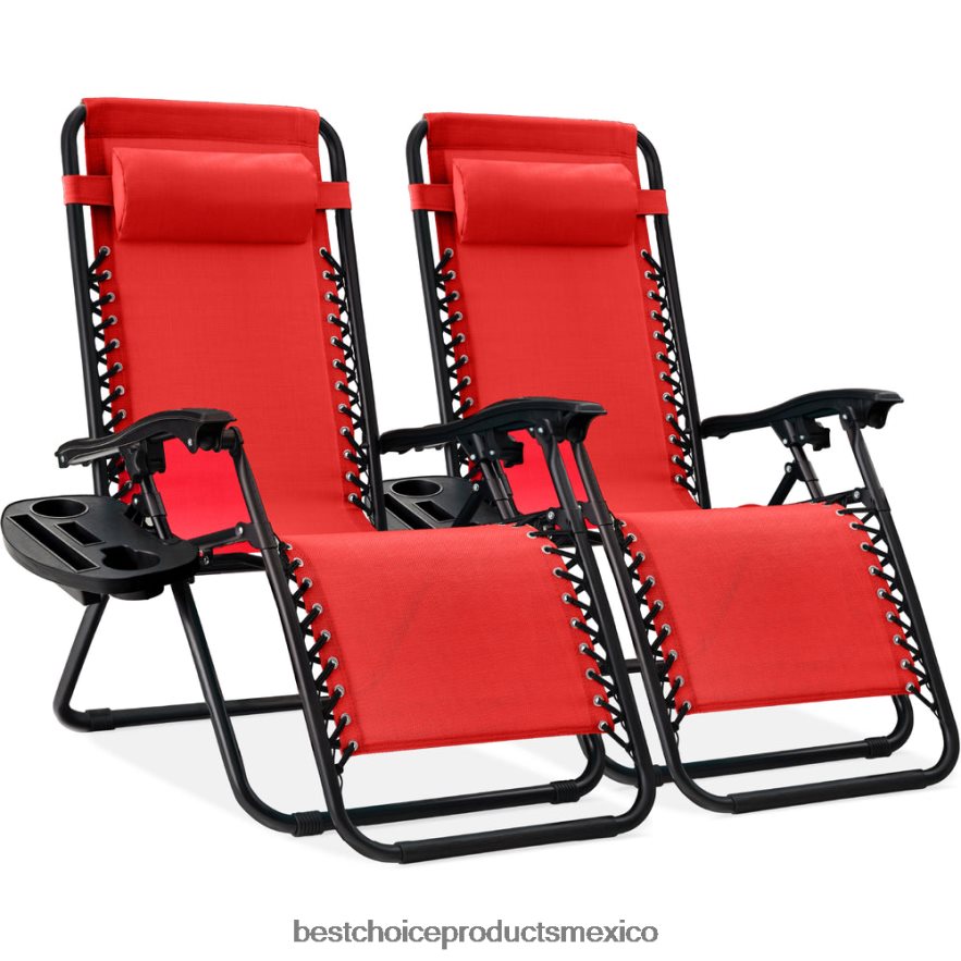 vida al aire libre | Juego de 2 sillones reclinables ajustables de gravedad cero para patio con portavasos Best Choice Products rojo carmesí X080FZ800