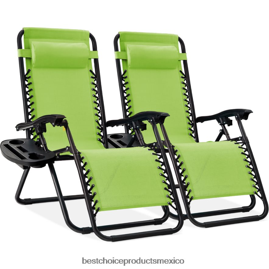 vida al aire libre | Juego de 2 sillones reclinables ajustables de gravedad cero para patio con portavasos Best Choice Products verde lima X080FZ811