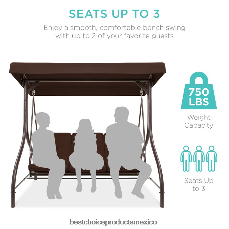 vida al aire libre | Muebles tipo planeador oscilante con dosel para exteriores de 3 asientos con respaldo plano convertible Best Choice Products marrón X080FZ1361