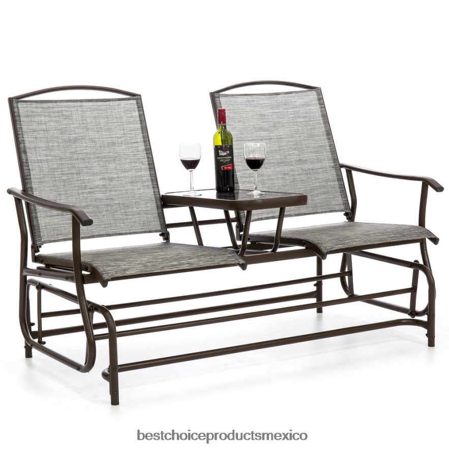 vida al aire libre | Planeador doble de malla para exteriores para 2 personas con mesa adjunta de vidrio templado Best Choice Products marrón X080FZ435