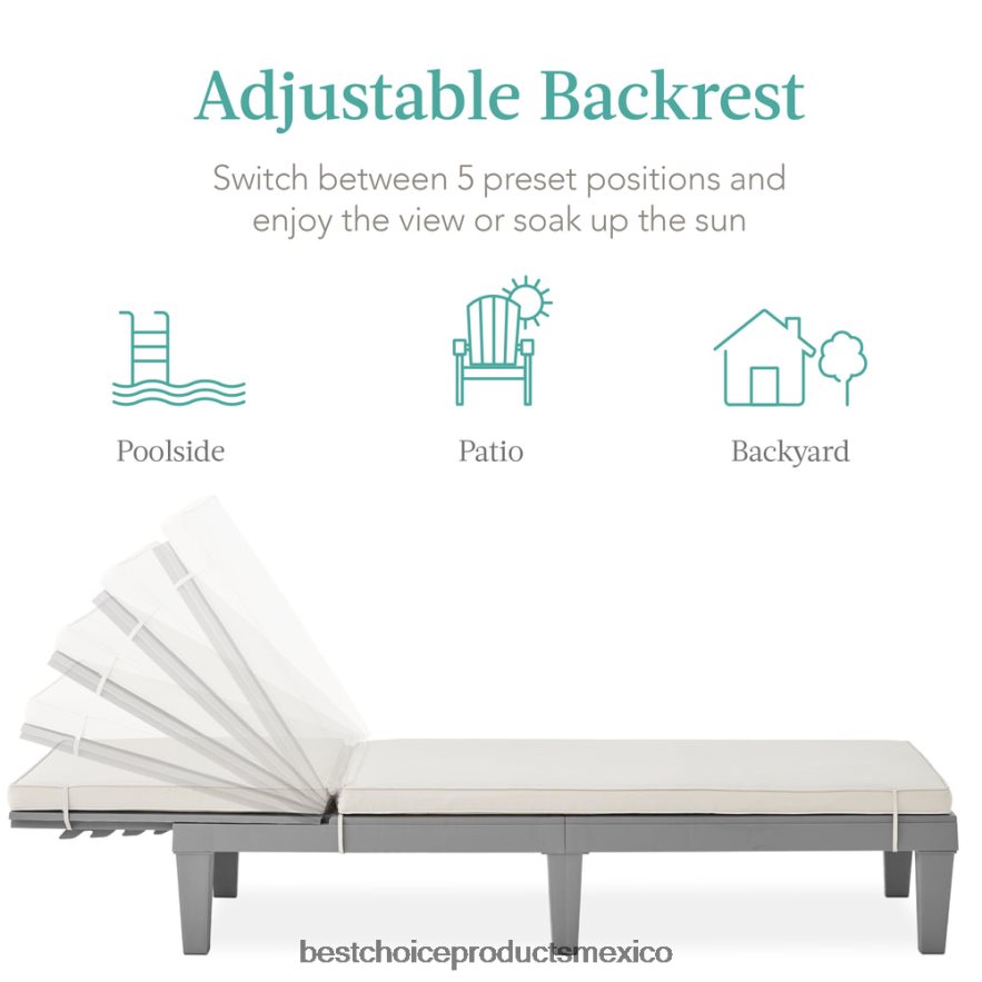 vida al aire libre | Sillón para patio exterior, tumbona de resina con cojín de asiento, 5 posiciones Best Choice Products arena gris/blanca X080FZ1472