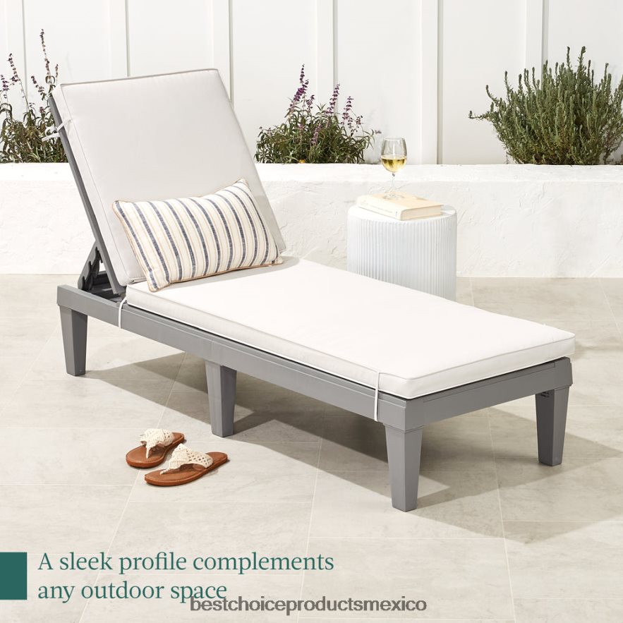 vida al aire libre | Sillón para patio exterior, tumbona de resina con cojín de asiento, 5 posiciones Best Choice Products arena gris/blanca X080FZ1472