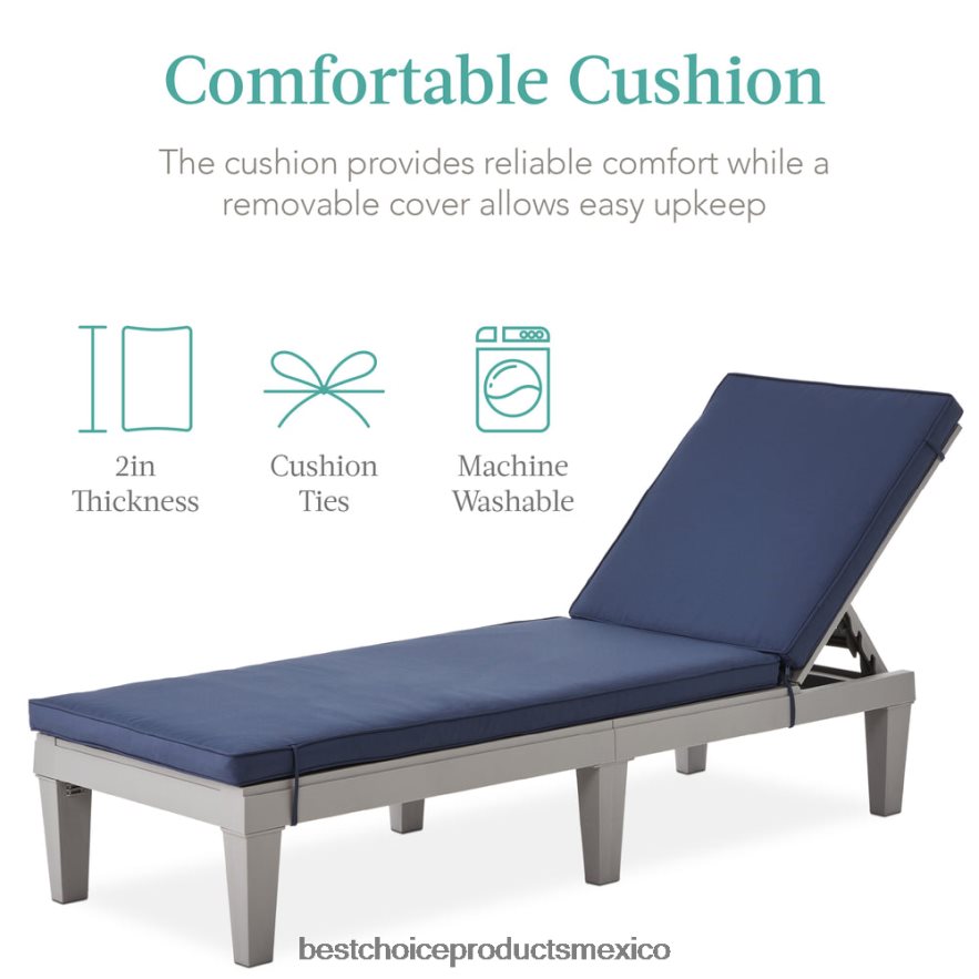 vida al aire libre | Sillón para patio exterior, tumbona de resina con cojín de asiento, 5 posiciones Best Choice Products gris/azul marino X080FZ1470