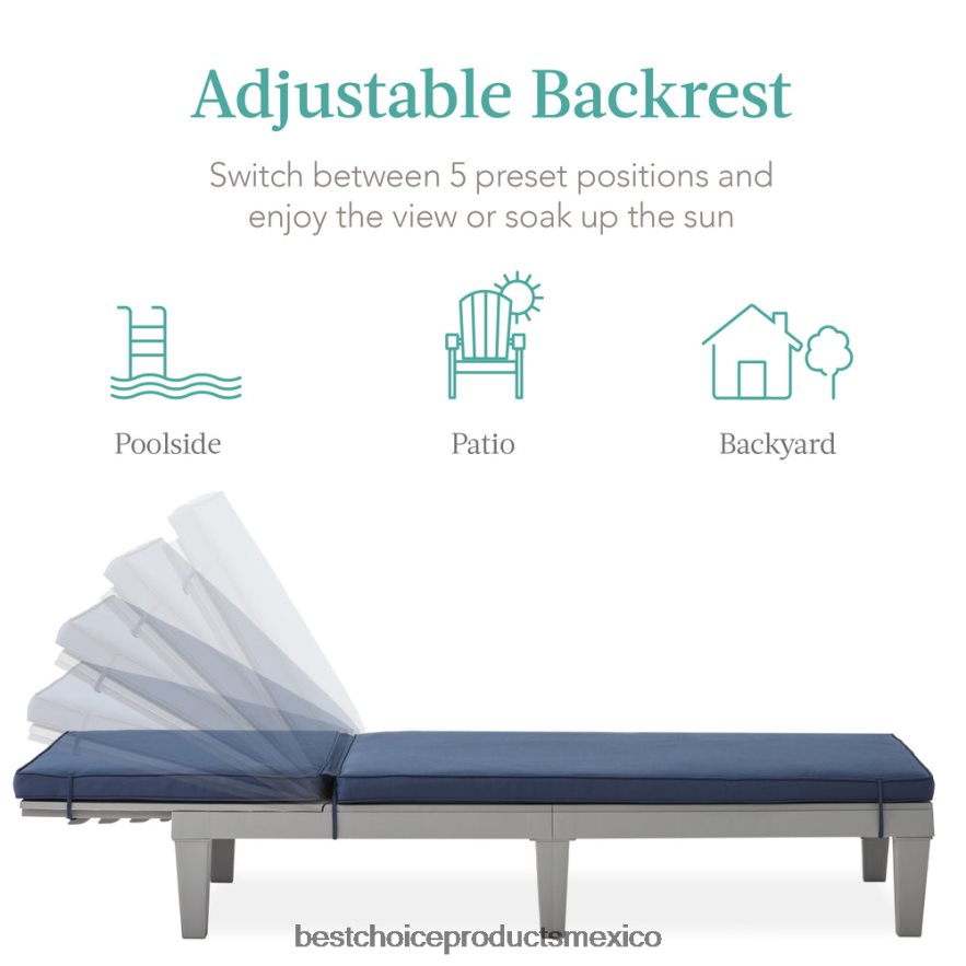 vida al aire libre | Sillón para patio exterior, tumbona de resina con cojín de asiento, 5 posiciones Best Choice Products gris/azul marino X080FZ1470
