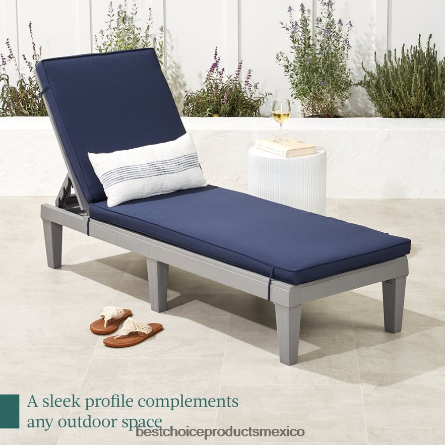 vida al aire libre | Sillón para patio exterior, tumbona de resina con cojín de asiento, 5 posiciones Best Choice Products gris/azul marino X080FZ1470