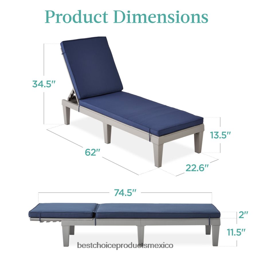 vida al aire libre | Sillón para patio exterior, tumbona de resina con cojín de asiento, 5 posiciones Best Choice Products gris/azul marino X080FZ1470