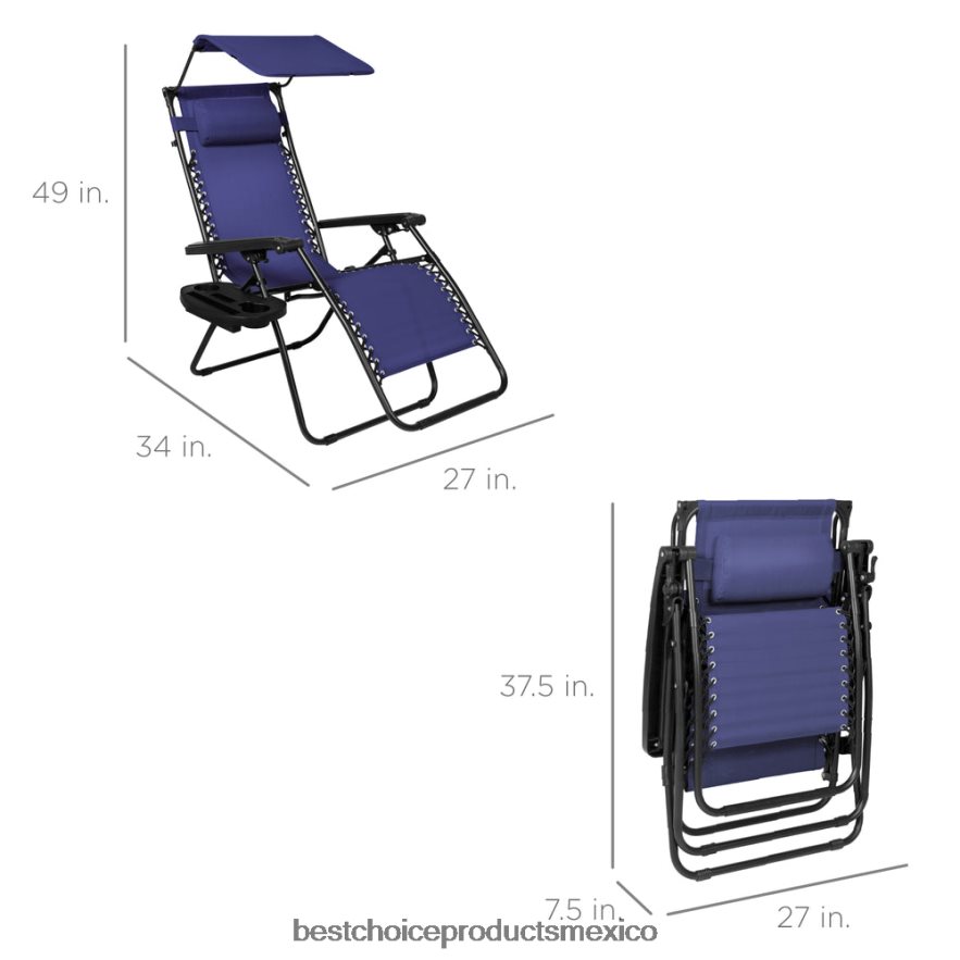 vida al aire libre | Sillón reclinable plegable de gravedad cero para patio con dosel y bandeja lateral Best Choice Products Azul marino X080FZ775