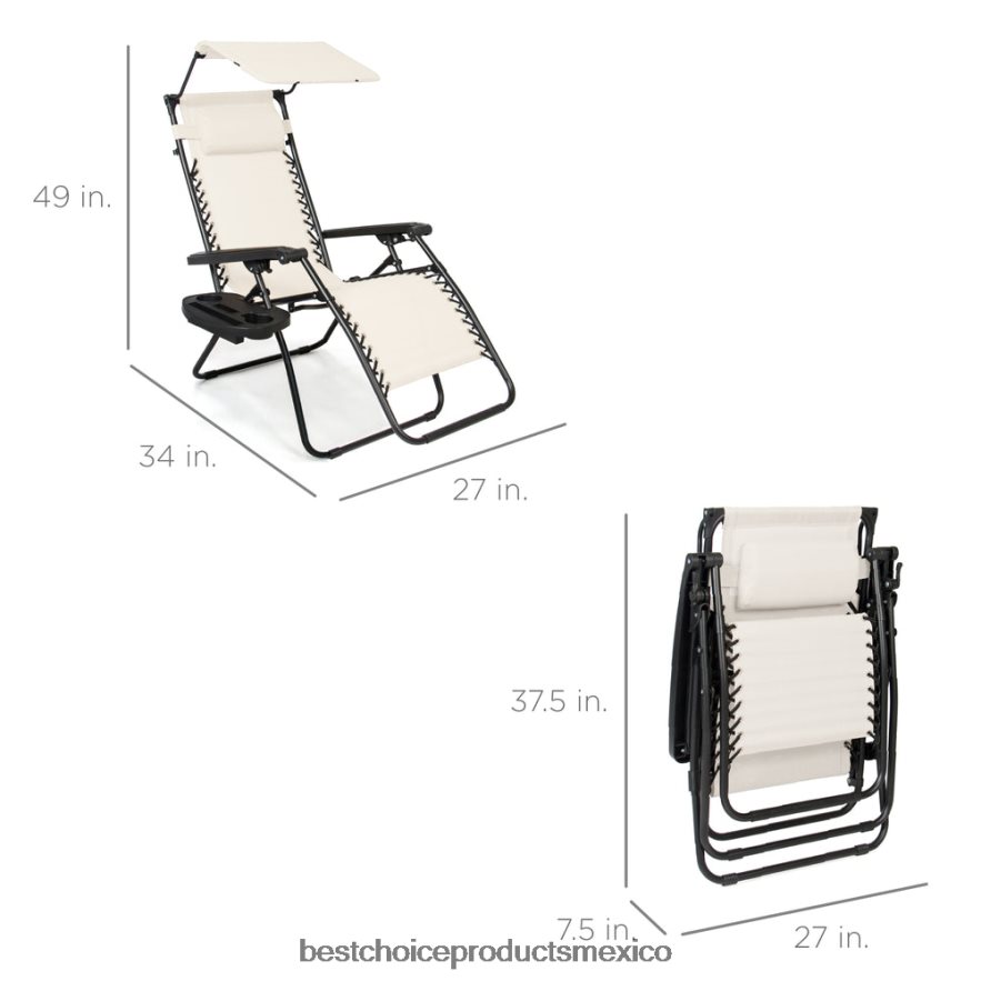 vida al aire libre | Sillón reclinable plegable de gravedad cero para patio con dosel y bandeja lateral Best Choice Products Marfil X080FZ781