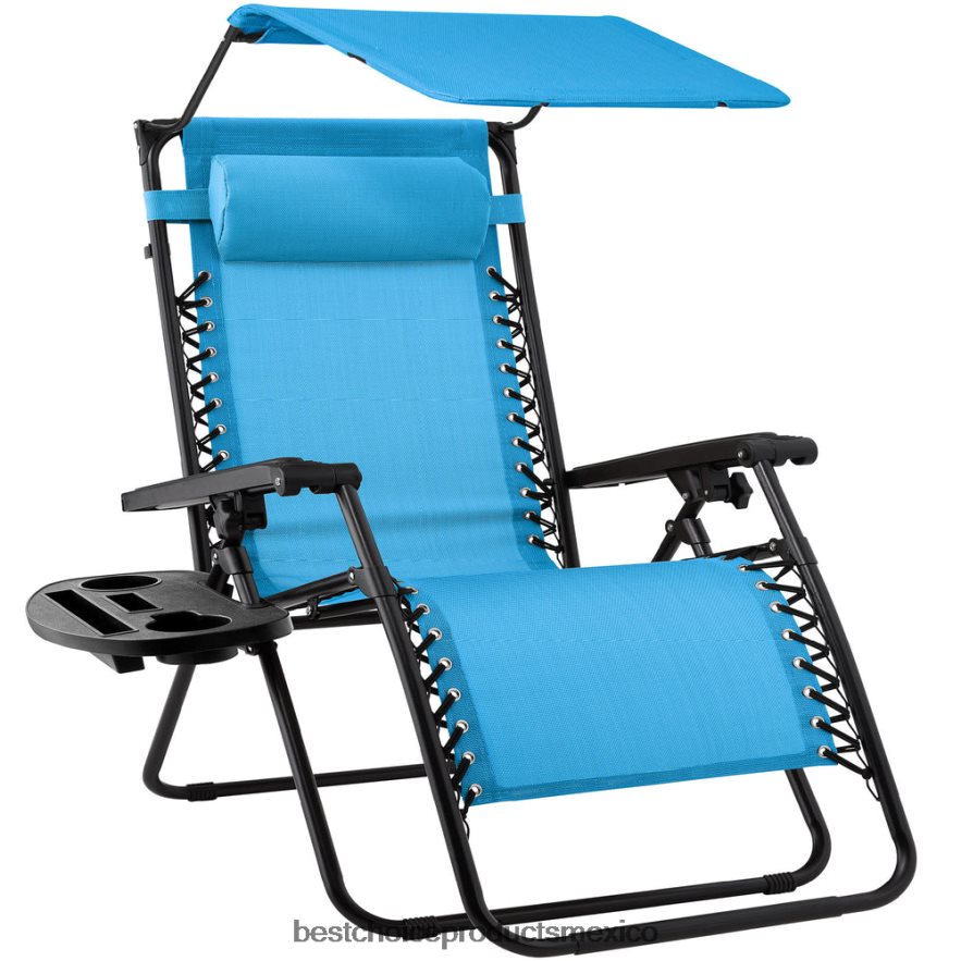 vida al aire libre | Sillón reclinable plegable de gravedad cero para patio con dosel y bandeja lateral Best Choice Products azul claro X080FZ771