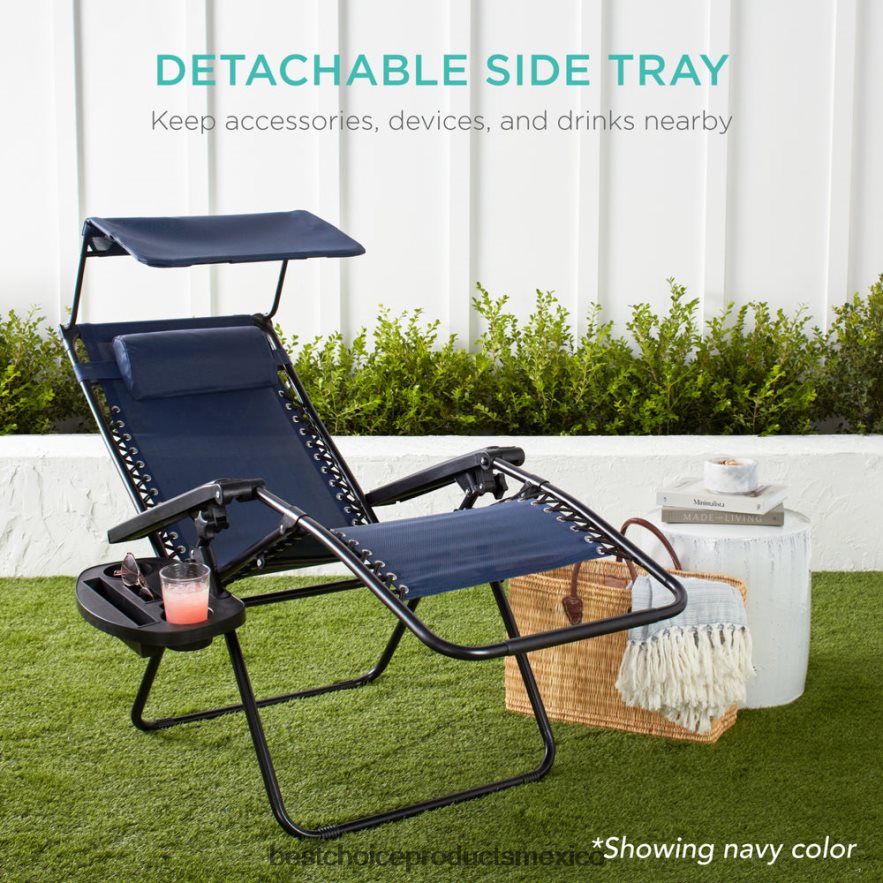 vida al aire libre | Sillón reclinable plegable de gravedad cero para patio con dosel y bandeja lateral Best Choice Products azul eléctrico X080FZ779
