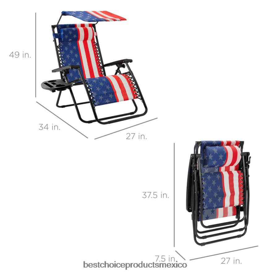 vida al aire libre | Sillón reclinable plegable de gravedad cero para patio con dosel y bandeja lateral Best Choice Products bandera estadounidense X080FZ790