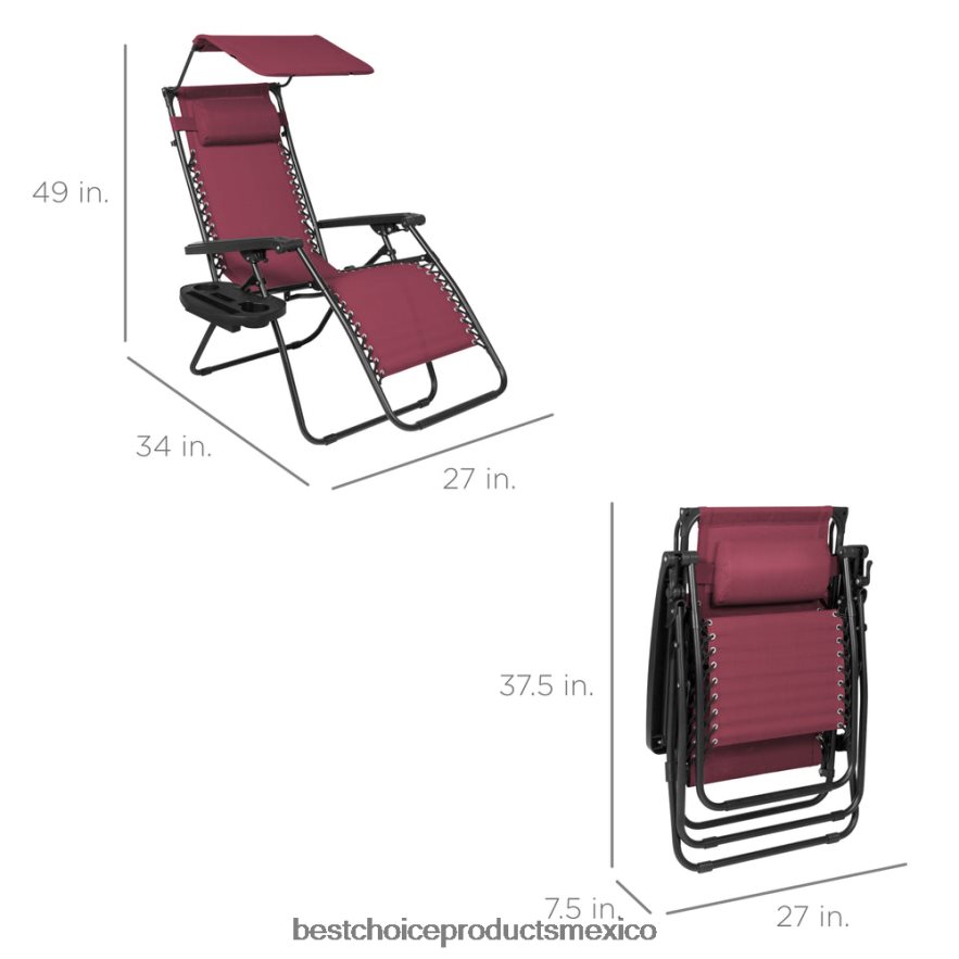 vida al aire libre | Sillón reclinable plegable de gravedad cero para patio con dosel y bandeja lateral Best Choice Products borgoña X080FZ774