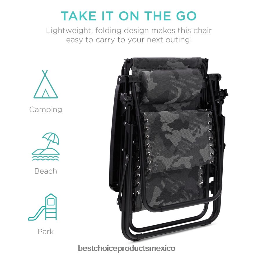 vida al aire libre | Sillón reclinable plegable de gravedad cero para patio con dosel y bandeja lateral Best Choice Products camuflaje X080FZ788