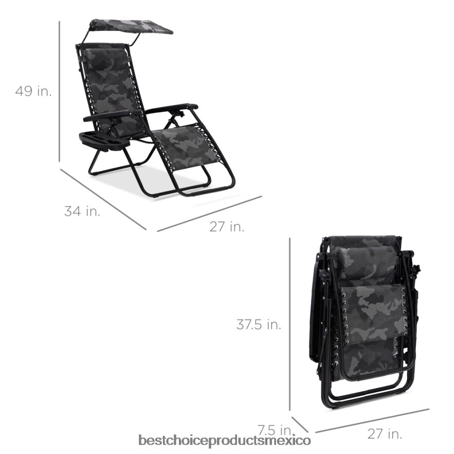 vida al aire libre | Sillón reclinable plegable de gravedad cero para patio con dosel y bandeja lateral Best Choice Products camuflaje X080FZ788