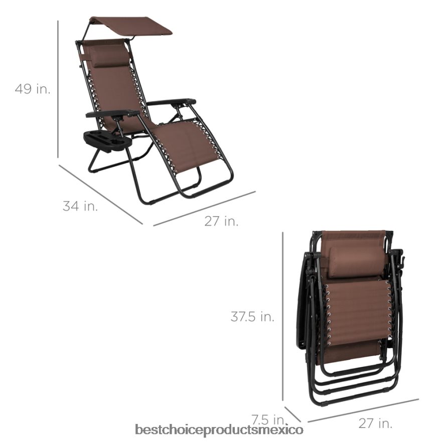 vida al aire libre | Sillón reclinable plegable de gravedad cero para patio con dosel y bandeja lateral Best Choice Products marrón X080FZ773