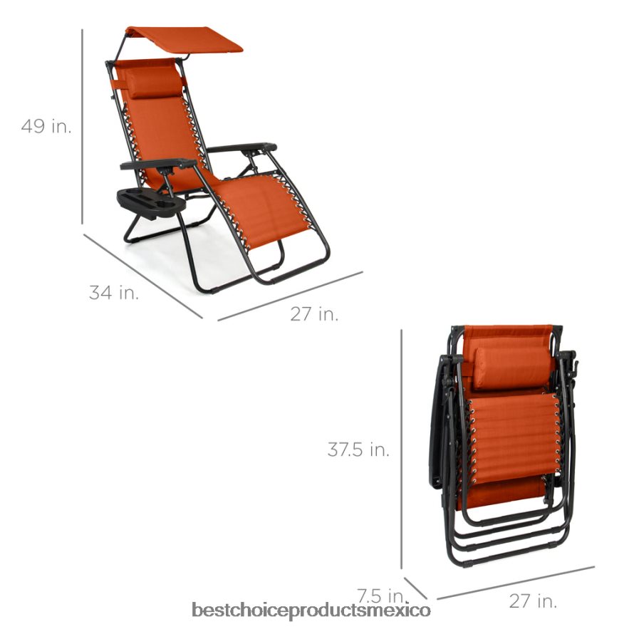 vida al aire libre | Sillón reclinable plegable de gravedad cero para patio con dosel y bandeja lateral Best Choice Products naranja quemada X080FZ785