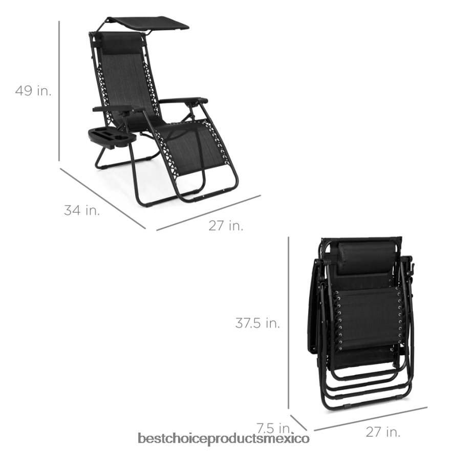 vida al aire libre | Sillón reclinable plegable de gravedad cero para patio con dosel y bandeja lateral Best Choice Products negro X080FZ772