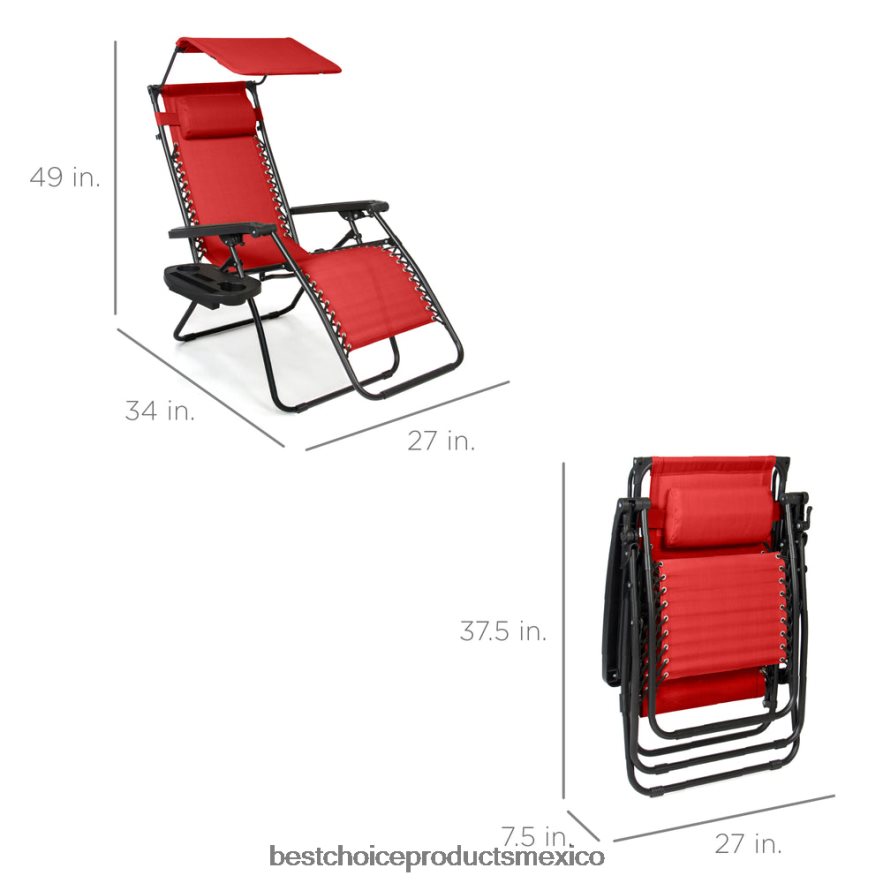vida al aire libre | Sillón reclinable plegable de gravedad cero para patio con dosel y bandeja lateral Best Choice Products rojo carmesí X080FZ782
