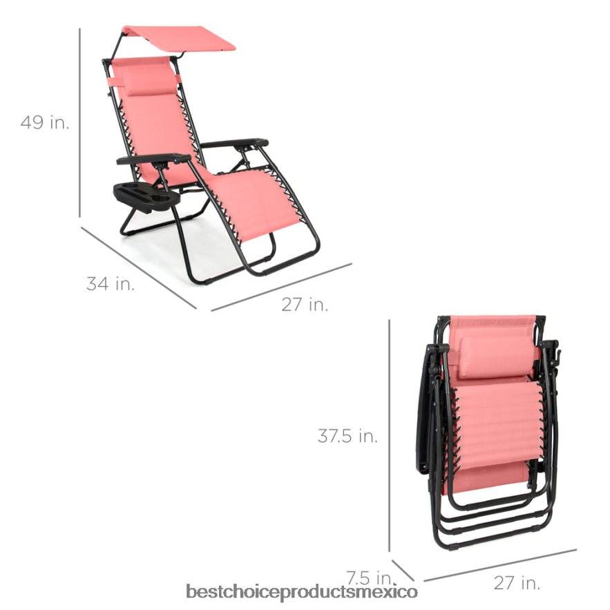 vida al aire libre | Sillón reclinable plegable de gravedad cero para patio con dosel y bandeja lateral Best Choice Products rosa X080FZ784