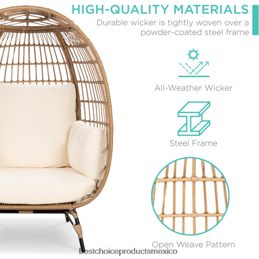 vida al aire libre | Silla de mimbre tipo huevo, tumbona de gran tamaño para patio interior y exterior Best Choice Products Marfil X080FZ1322