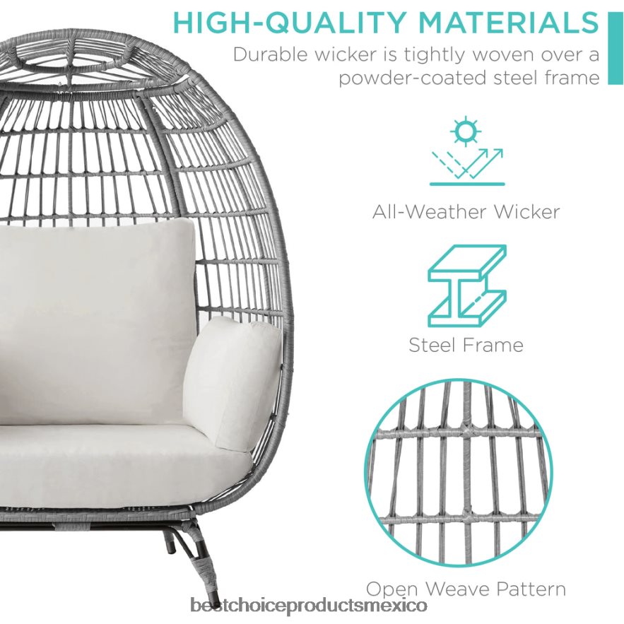 vida al aire libre | Silla de mimbre tipo huevo, tumbona de gran tamaño para patio interior y exterior Best Choice Products arena gris/blanca X080FZ1326