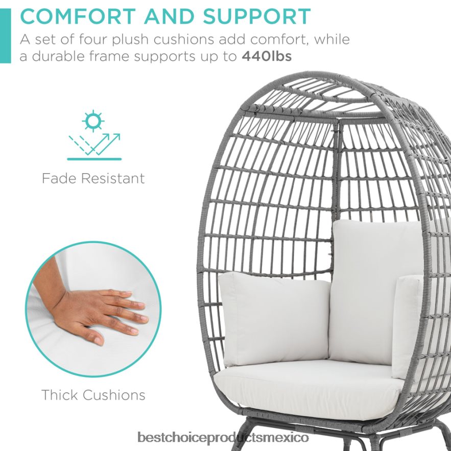 vida al aire libre | Silla de mimbre tipo huevo, tumbona de gran tamaño para patio interior y exterior Best Choice Products arena gris/blanca X080FZ1326
