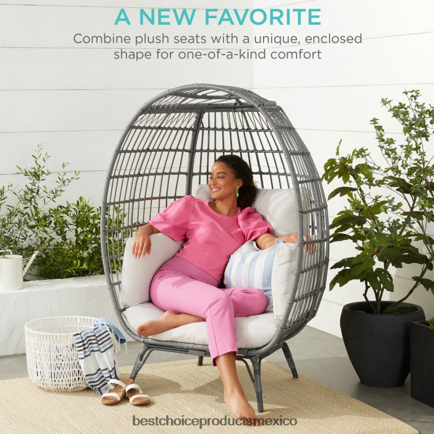 vida al aire libre | Silla de mimbre tipo huevo, tumbona de gran tamaño para patio interior y exterior Best Choice Products arena gris/blanca X080FZ1326