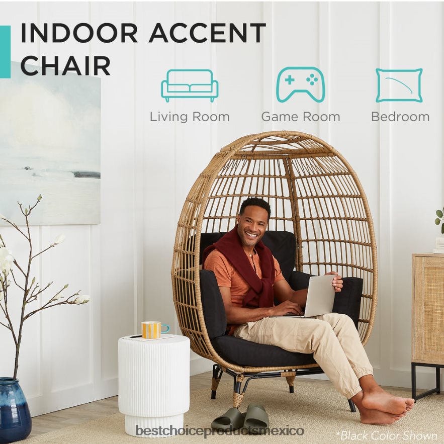 vida al aire libre | Silla de mimbre tipo huevo, tumbona de gran tamaño para patio interior y exterior Best Choice Products gris/gris jaspeado X080FZ1321