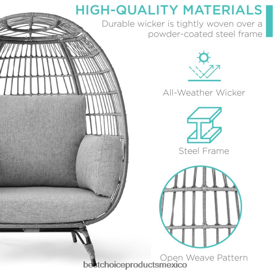 vida al aire libre | Silla de mimbre tipo huevo, tumbona de gran tamaño para patio interior y exterior Best Choice Products gris/gris jaspeado X080FZ1321