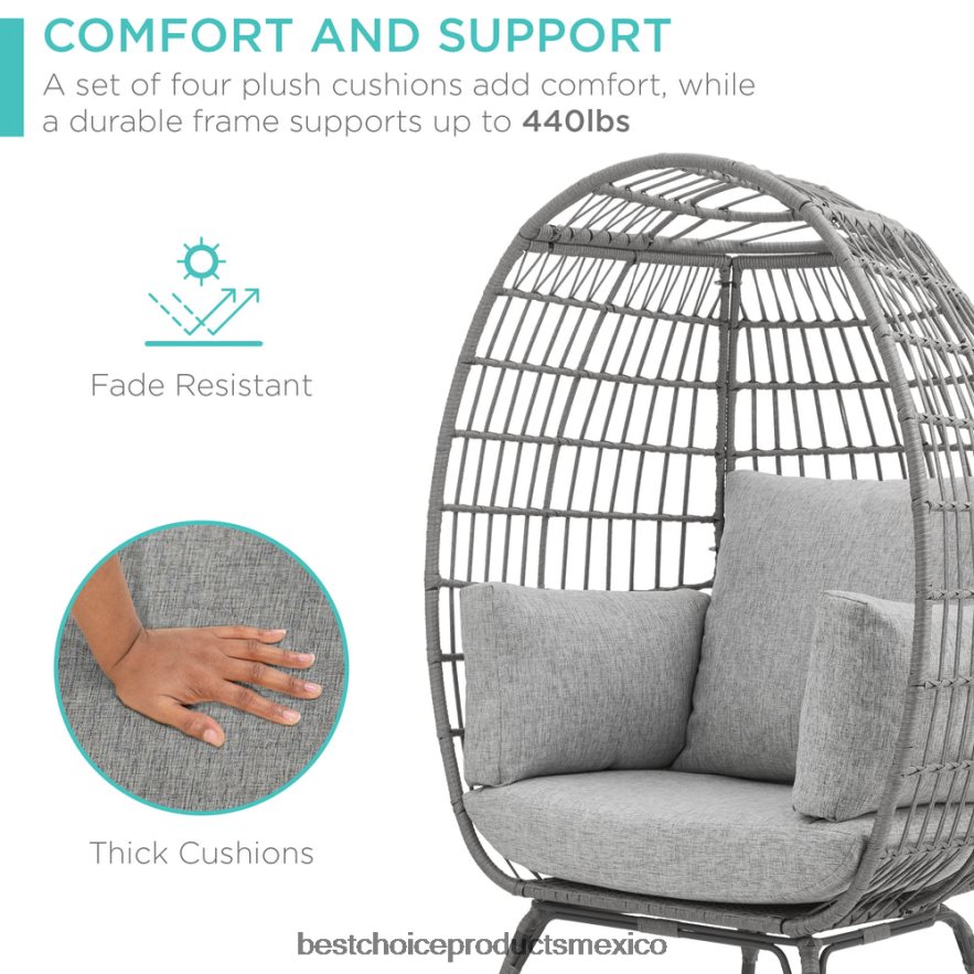 vida al aire libre | Silla de mimbre tipo huevo, tumbona de gran tamaño para patio interior y exterior Best Choice Products gris/gris jaspeado X080FZ1321
