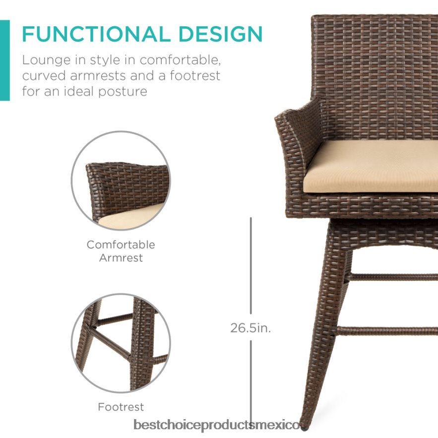 vida al aire libre | Taburete de bar giratorio de mimbre con altura para todo tipo de clima y cojín Best Choice Products marrón X080FZ436