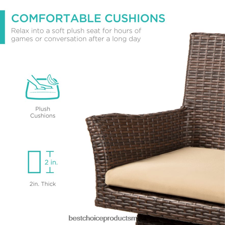 vida al aire libre | Taburete de bar giratorio de mimbre con altura para todo tipo de clima y cojín Best Choice Products marrón X080FZ436