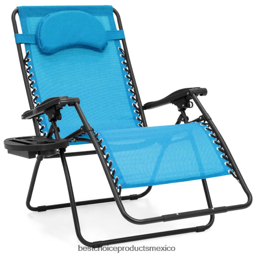 vida al aire libre | Tumbona reclinable de gran tamaño con silla de gravedad cero con portavasos y almohada Best Choice Products azul claro X080FZ1329
