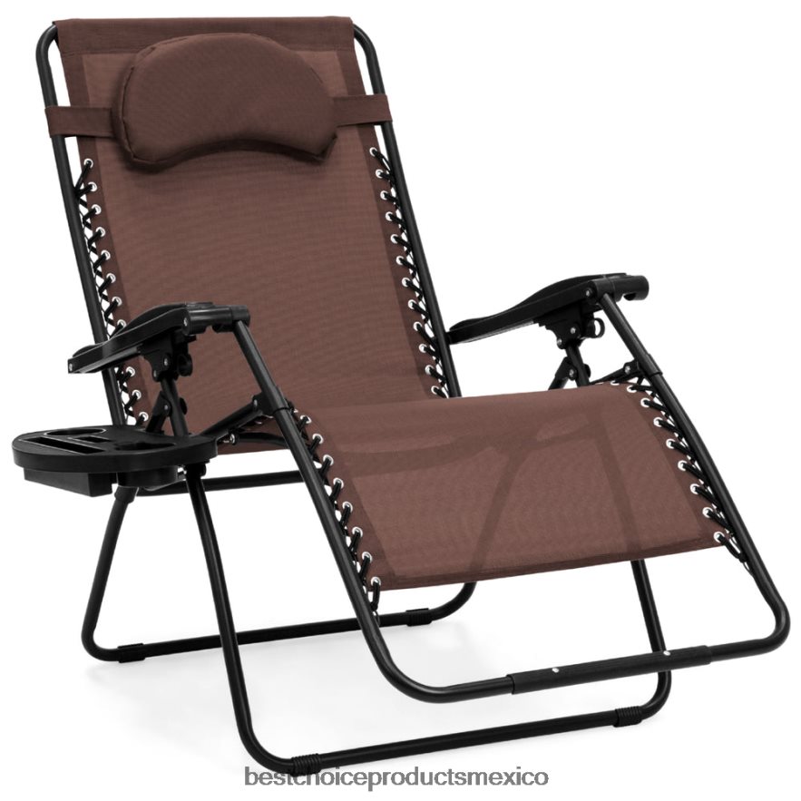 vida al aire libre | Tumbona reclinable de gran tamaño con silla de gravedad cero con portavasos y almohada Best Choice Products marrón X080FZ1332