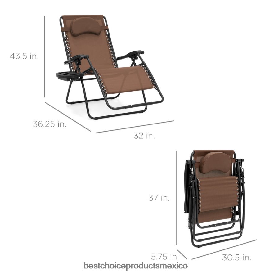 vida al aire libre | Tumbona reclinable de gran tamaño con silla de gravedad cero con portavasos y almohada Best Choice Products marrón X080FZ1332