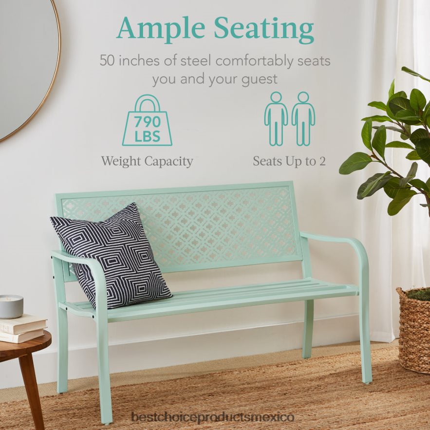 vida al aire libre | banco de acero para interior y exterior con respaldo geométrico, niveladores de pies Best Choice Products Menta verde X080FZ1451