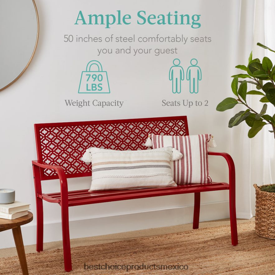 vida al aire libre | banco de acero para interior y exterior con respaldo geométrico, niveladores de pies Best Choice Products Rosa roja X080FZ1450